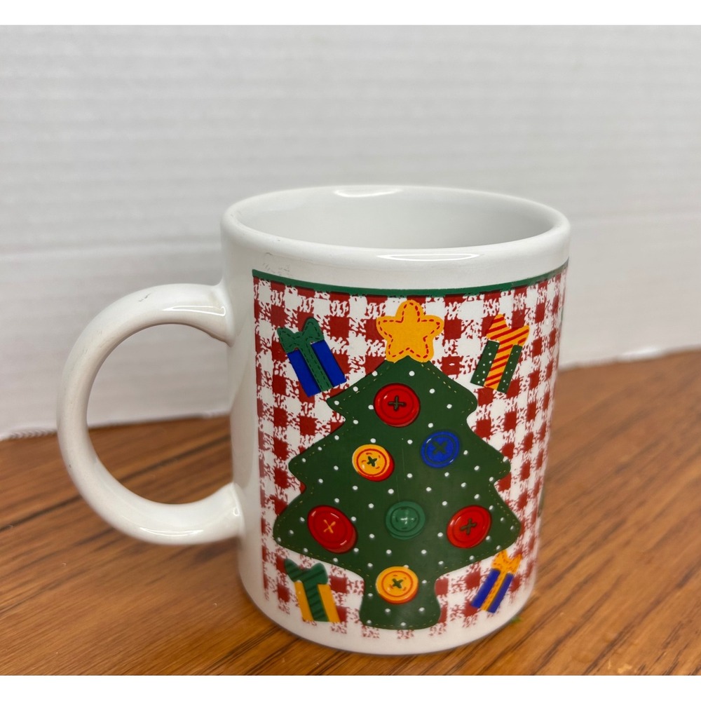 Vintage WBI Christmas Tree Button Gingham Coffee Mug Red White Check Holiday